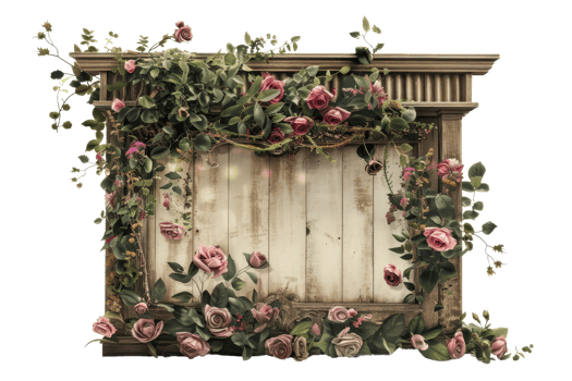Vintage rustic frame adorned with pink roses and green foliage for wedding decor, photography backdrop, or garden theme. png