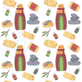 Finnish bathhouse tools, cartoon spa wellness equipment. Cozy elements fabric print design, flat background vector