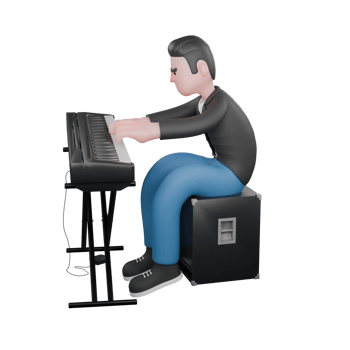 Animated Music Character in 3D. A male musician is sitting on a loudspeaker facing right while playing the piano with both hands. 3D Music Performer png