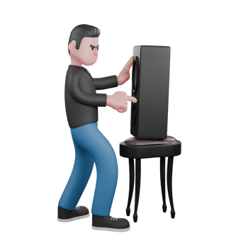 3D Musician Model. a male musician is standing facing left both of his hands touching the loudspeaker in front of him. Animated Style png