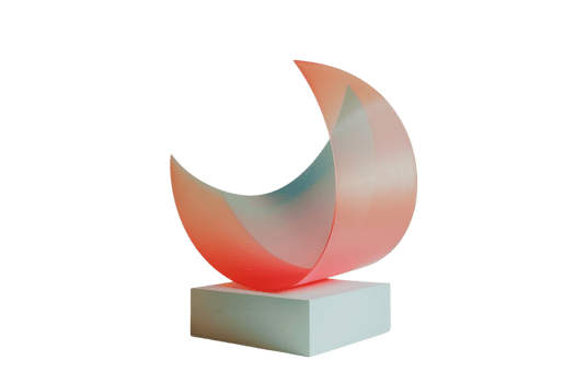 Abstract sculpture with red and blue hues on a white base, featuring curved shapes and modern design. png