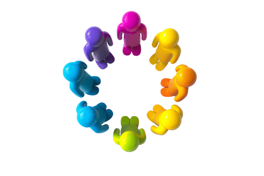 Colorful abstract figures standing in a circle. Unity and teamwork concept, vibrant colors, isolated on transparent background. png