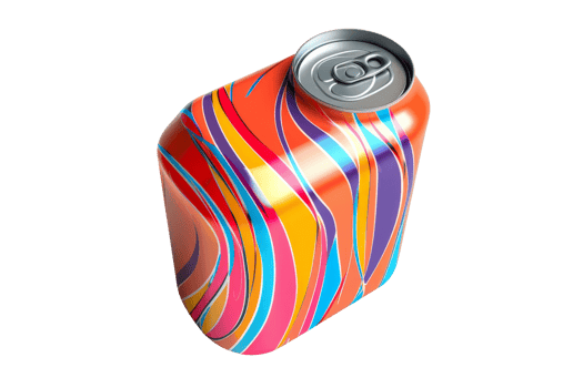 Colorful abstract beverage can with vibrant wave patterns on a transparent background. Unique and eye-catching design for drink packaging. png
