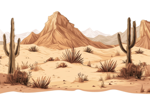 Illustration of a desert landscape with cacti, sandy terrain, and distant mountains under a clear sky. png