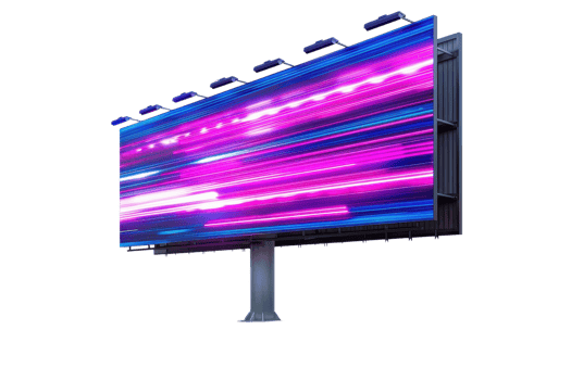 Illuminated billboard with vibrant, colorful abstract design and motion blur, showcasing modern digital advertising and marketing. png