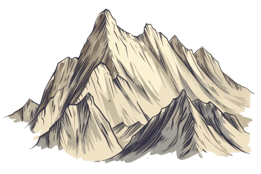 Hand-drawn illustration of a rugged mountain range with peaks and valleys, showcasing detailed line work and shading techniques. png