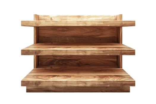 Empty wooden display shelves isolated on transparent background. perfect for products display, storage solutions, or interior design concepts. png