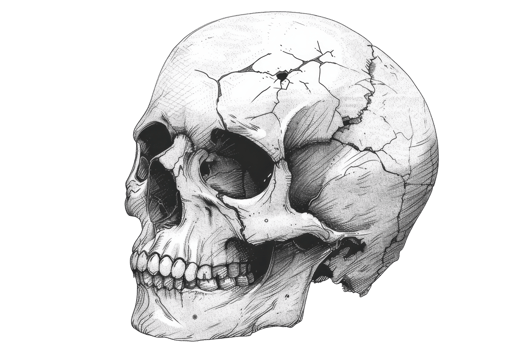 Detailed black and white illustration of a cracked human skull, showcasing its anatomical structure and artistic design for educational and artistic use. png