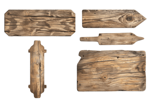 Collection of rustic wooden signboards, assorted shapes, isolated on transparent background. Ideal for adding vintage or natural touch to designs. png