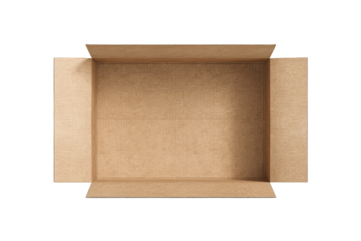 Top view of an open empty cardboard box with flaps, suitable for packaging, shipping, or storage purposes. Brown color and simple design. png