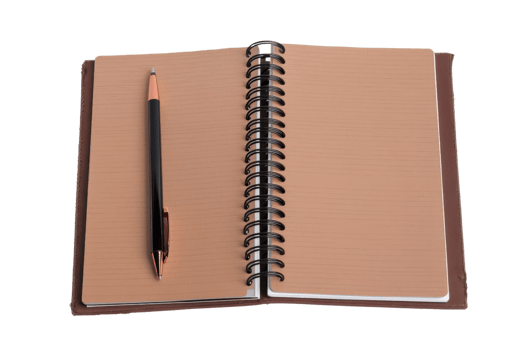 Open spiral bound notebook with pen on lined pages, perfect for note-taking, planning, and journaling, isolated on transparent background. png