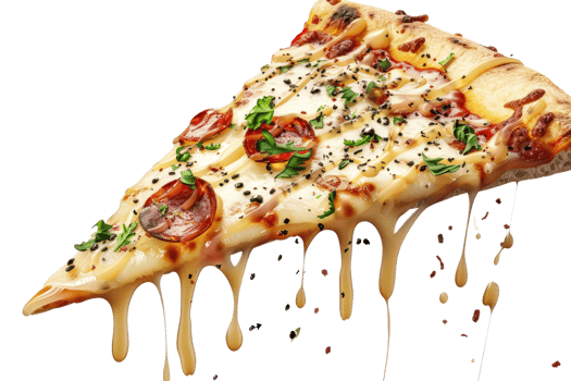 Mouth-watering slice of pizza oozing with cheese, bacon, and herbs, perfect for food enthusiasts and culinary visuals. png