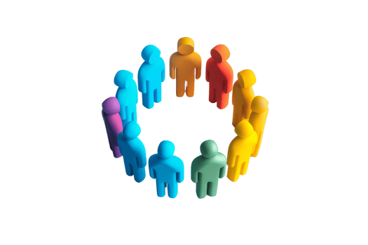 Colorful 3D figures arranged in a circle, representing teamwork, unity, collaboration, and community from top view. png