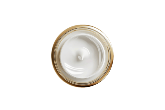 Top view of a luxurious golden jar filled with smooth, creamy white skincare product, perfect for beauty and wellness themes. png
