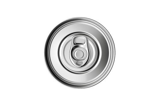 Top view of a metallic soda can top isolated on a transparent background. showing the round tab and clean reflective surface. png