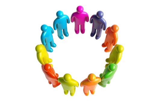Colorful 3D figures holding hands in a circle symbolizing unity, collaboration, teamwork, and diversity isolated on a transparent background. png