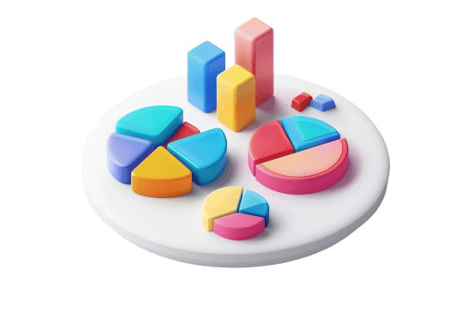 3D colorful pie charts and bar graphs on round platform, representing data visualization, analytics, and business statistics. png