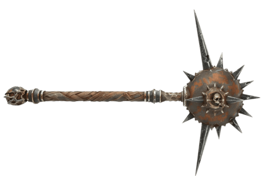 Medieval spiked mace with intricate design, skull motif, and metal spikes, used as a historical weapon and fantasy prop. png