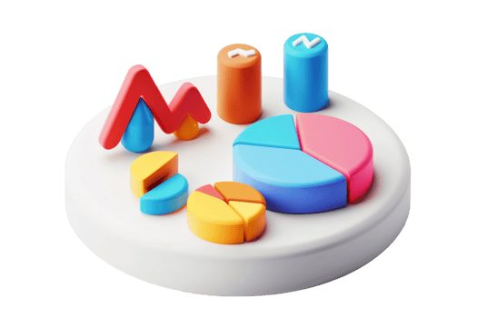 Colorful 3D business chart and graph elements on white platform, representing data analysis, report generation, and financial metrics. png