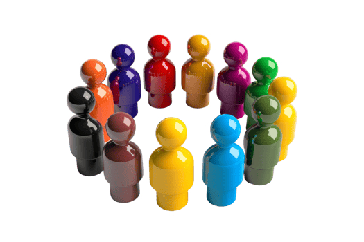 Colorful 3D figures standing in a circle representing teamwork, unity, and collaboration in a diverse group setting. png