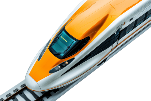 Top view of a high-speed train in motion, featuring a sleek, modern design and vibrant yellow color, symbolizing innovation in transportation. png