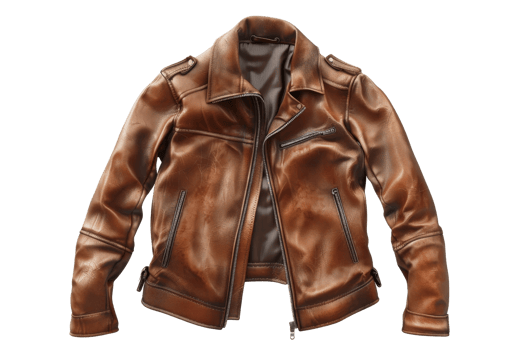Premium brown leather jacket with zipper details laid flat, perfect for a stylish and trendy fashion statement. png