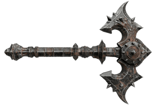 A detailed image of a medieval fantasy battle axe with rustic, sharp blades and ornate handle, perfect for RPG concepts and historical themes. png
