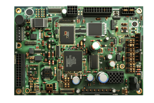 Close-up of a green printed circuit board with various components including capacitors, resistors, and integrated circuits. png
