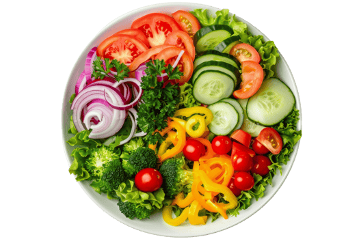 A vibrant bowl of fresh vegetables including tomatoes, cucumbers, bell peppers, red onions, broccoli, and lettuce. png