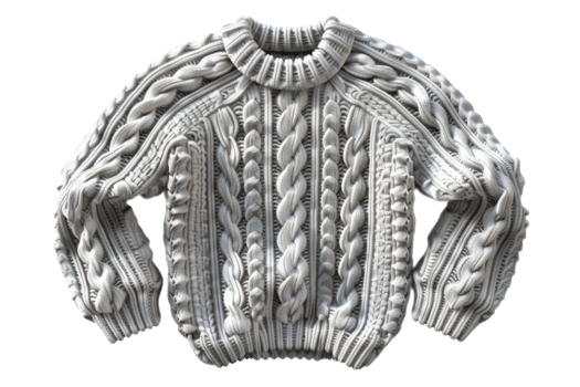 Cozy chunky knit sweater in a neutral hue with intricate cable patterns, perfect for a warm and stylish layering piece in chilly weather. png