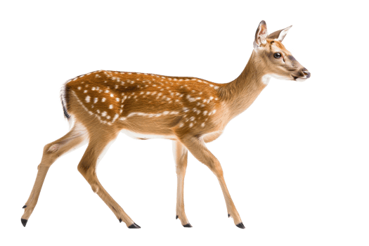 Side view of a young deer with spots on its back walking gracefully on a transparent background. png