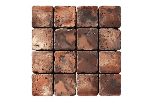 Old, weathered brick tiles arranged in a square pattern, showing aged texture and varying shades of brown, perfect for backgrounds or designs. png