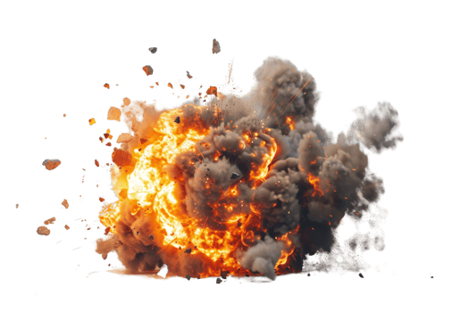 Spectacular explosion captured mid-air with fiery flames and smoke. Ideal for action scenes, filmmaking, special effects, and visual storytelling. png