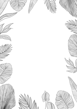 Vertical frame with tropical leaf illustration in line art style, digital painting. png