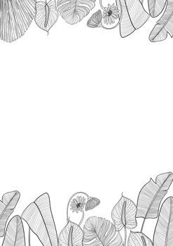 Vertical frame with tropical leaf illustration in line art style, digital painting. png