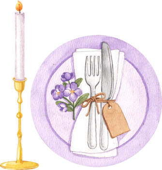 Watercolor illustration of a plate setting at a wedding. png