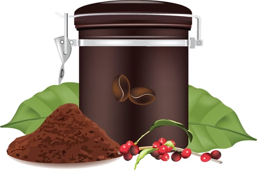 Coffee beans, ground coffee, coffee cherry, green leaf and storage tin presenting coffee products vector