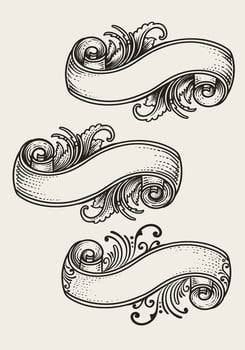 Vintage ribbons set classic engraving ornament style, design vector