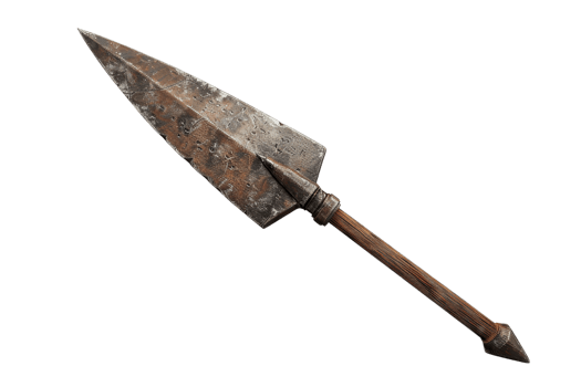 Close-up of a vintage, rusty spearhead with a wooden handle against a plain background. Ideal for historical or weaponry stock imagery. png