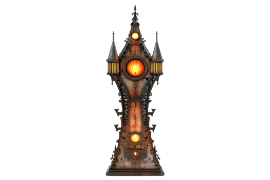 Futuristic steampunk tower with glowing lights and intricate details, isolated on a transparent background. png