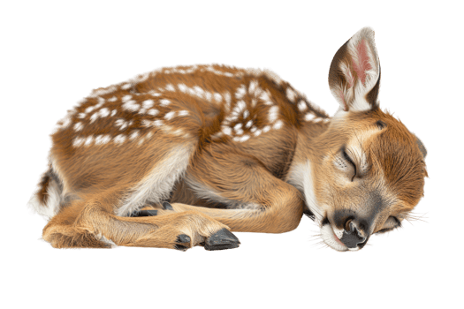 Close-up of a cute, young deer fawn sleeping peacefully on a transparent background. Adorable wildlife moment captured in high resolution. png