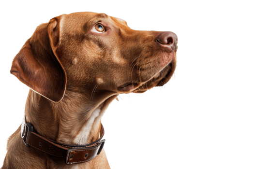 Close-up profile of a brown dog with a leather collar, looking up attentively, isolated on a transparent background. png