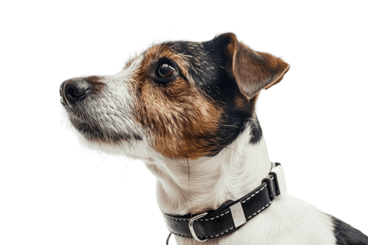 Close-up of an alert Jack Russell Terrier dog looking to the side with a black collar. Isolated on transparent background. png