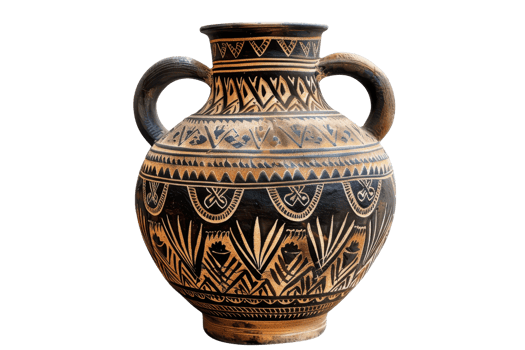 Decorative handcrafted ceramic vase featuring intricate ethnic patterns and a traditional two-handle design, perfect for home decor and collectibles. png