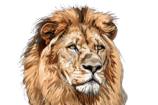 Detailed illustration of a majestic lion with a regal mane, showcasing the king of the jungle in all its splendor. png