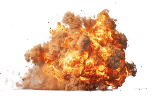 Dramatic explosion with intense fire and smoke, showcasing a powerful and dynamic eruption in a clear sky background. png