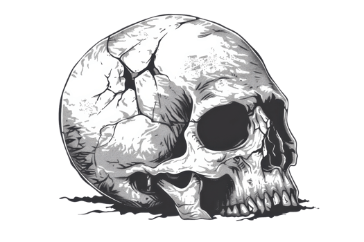 Detailed illustration of a human skull with cracks and shadows, highlighting the intricate structure and texture of the bone. png