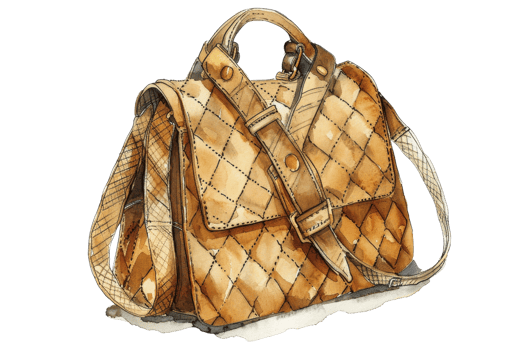 Elegant watercolor illustration of a stylish, quilted handbag with detailed stitching and adjustable strap, perfect for any fashion collection. png