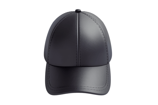 Front view of a black leather baseball cap. Perfect for fashion accessory, sportswear, and outdoor activities. Isolated on a transparent background. png