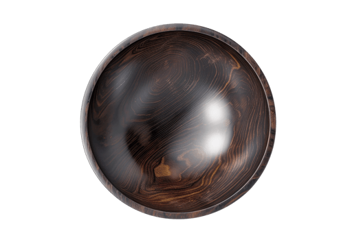 Highly detailed 3D rendering of a polished, dark wooden sphere with natural wood grain patterns, isolated on a transparent background. png
